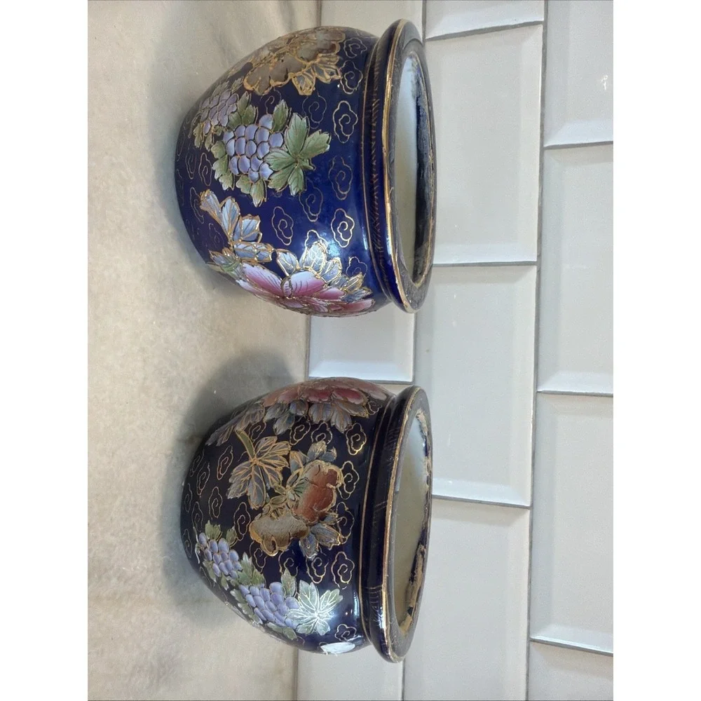 Set Of 2 Lemax Ceramic Flower Pot Vase blue pink Floral GardenGold Gilt 4